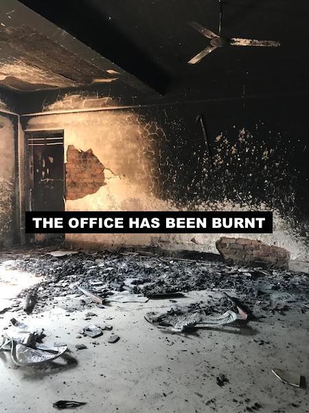 This is where the office workers used to sit and work. Now it is totally destroyed, furniture and other items stolen and the office has been burnt